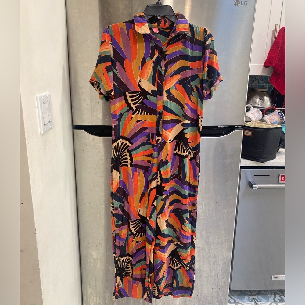 Farm Rio and Anthropologie Toucan Jumpsuit with button on the side on pant legs